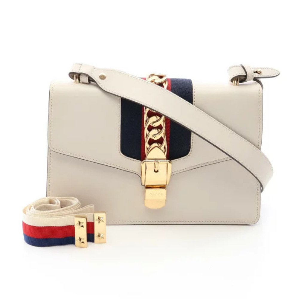 Gucci Sylvie Web Shoulder Bag Leather White Navy Blue Red